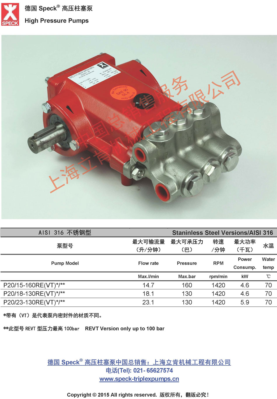 P20RE不锈钢系列(15~23L/min,~160bar)