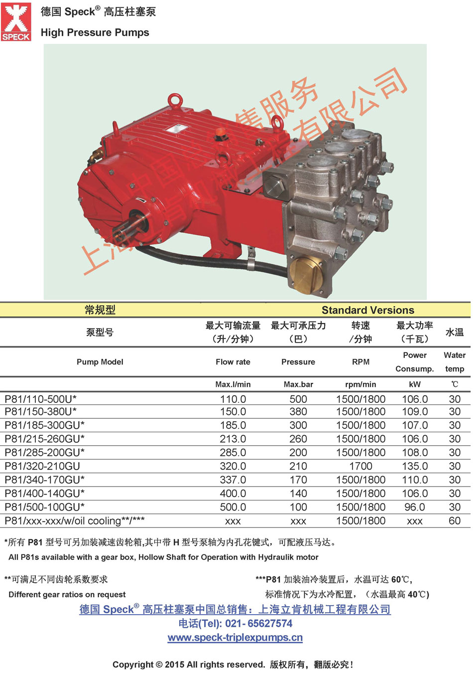 P81系列带齿轮箱(110~500L/min,~500bar)